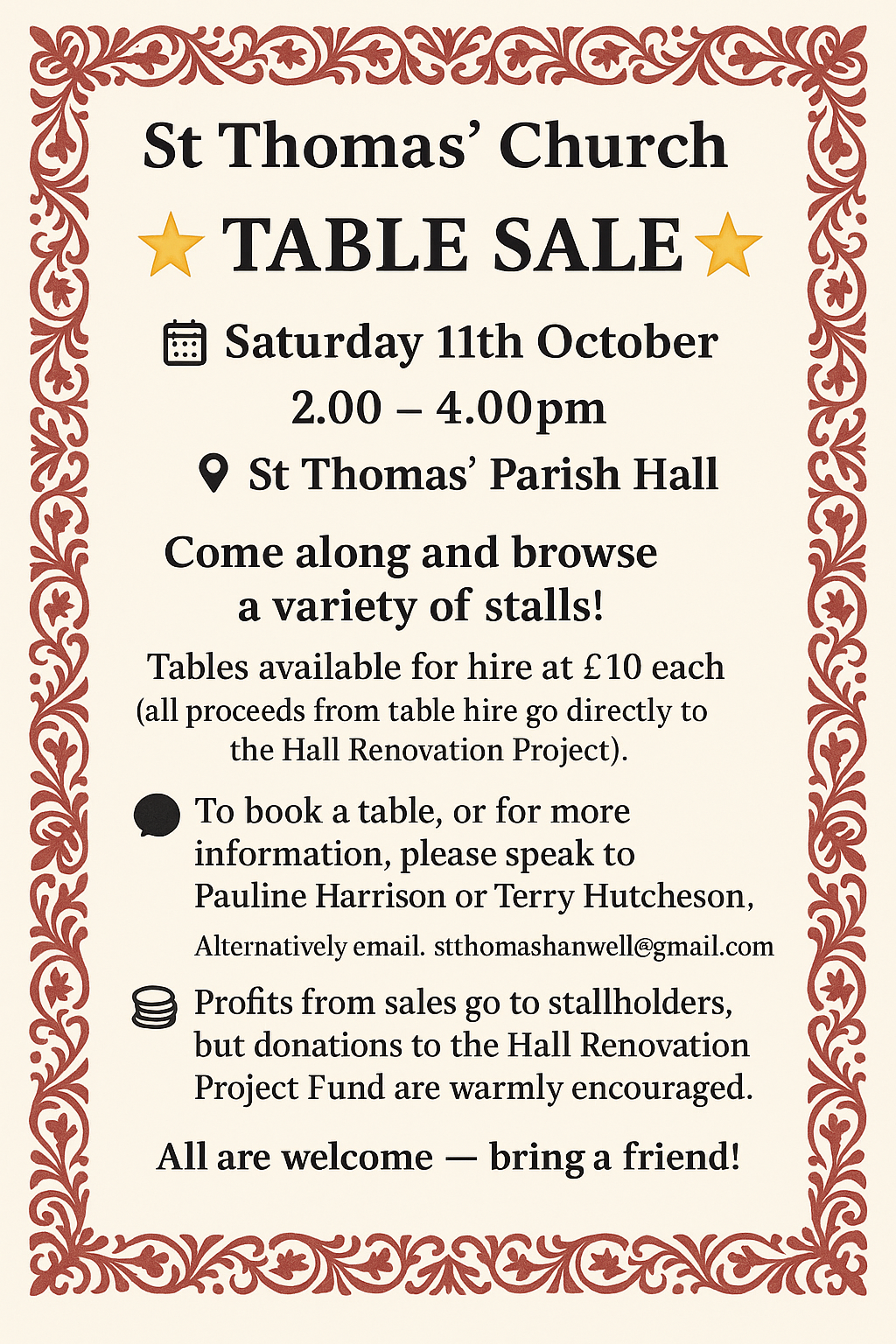 Saturday 11th October 2025: ‘Table Sale’ at St. Thomas’.